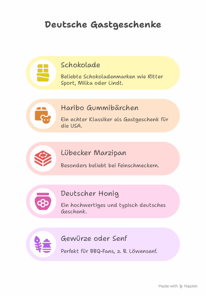 Infografik mit dem Titel „Deutsche Gastgeschenke“. Sie zeigt fünf Vorschläge mit Symbolen und kurzen Beschreibungen:
Schokolade – Beliebte Marken wie Ritter Sport, Milka oder Lindt. (Symbol: Schokoladentafel, gelber Hintergrund)
Haribo Gummibärchen – Ein Klassiker als Gastgeschenk für die USA. (Symbol: Tüte mit Bärchen, orangefarbener Hintergrund)
Lübecker Marzipan – Besonders beliebt bei Feinschmeckern. (Symbol: Marzipanstück, rosa Hintergrund)
Deutscher Honig – Hochwertiges und typisch deutsches Geschenk. (Symbol: Honigglas, pinker Hintergrund)
Gewürze oder Senf – Perfekt für BBQ-Fans, z. B. Löwensenf. (Symbol: Gewürze und Senfglas, lila Hintergrund)