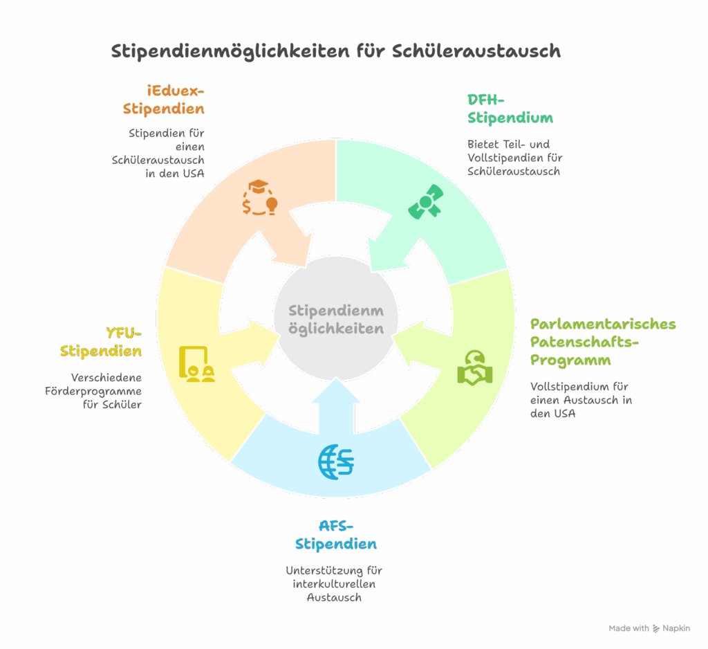 Kreisdiagramm mit dem Titel ‚Stipendienmöglichkeiten für Schüleraustausch‘. Enthalten sind fünf Programme: iEduex-Stipendien – Stipendien für einen Schüleraustausch in den USA, DFH-Stipendium – Teil- und Vollstipendien, Parlamentarisches Patenschafts-Programm – Vollstipendium für einen Austausch in den USA, AFS-Stipendien – Förderungen für interkulturellen Austausch, und YFU-Stipendien – verschiedene Förderprogramme für Schüler. Jedes Programm ist in einem farbigen Abschnitt des Kreises dargestellt mit passendem Symbol.