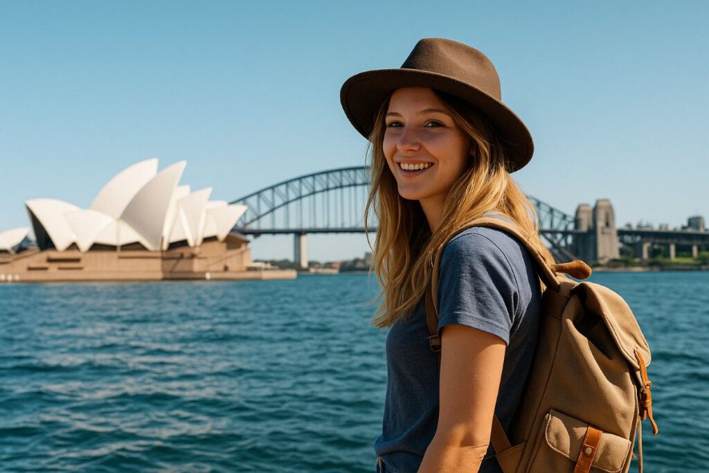 Junge Frau mit Rucksack und Hut lächelt vor der Kulisse des Sydney Opera House und der Harbour Bridge in Australien – sonniger Tag mit blauem Himmel und Wasser im Vordergrund.