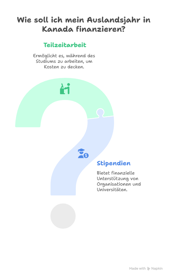Infografik mit der Überschrift ‚Wie soll ich mein Auslandsjahr in Kanada finanzieren?‘. Darstellung in Form eines großen Fragezeichens, geteilt in zwei Bereiche: oben grün für ‚Teilzeitarbeit‘ mit Icon einer arbeitenden Person und dem Hinweis, dass dies Kosten während des Studiums decken kann; unten blau für ‚Stipendien‘ mit Icon eines Absolventenhuts und Geldsymbols, Beschreibung: finanzielle Unterstützung durch Organisationen und Universitäten.