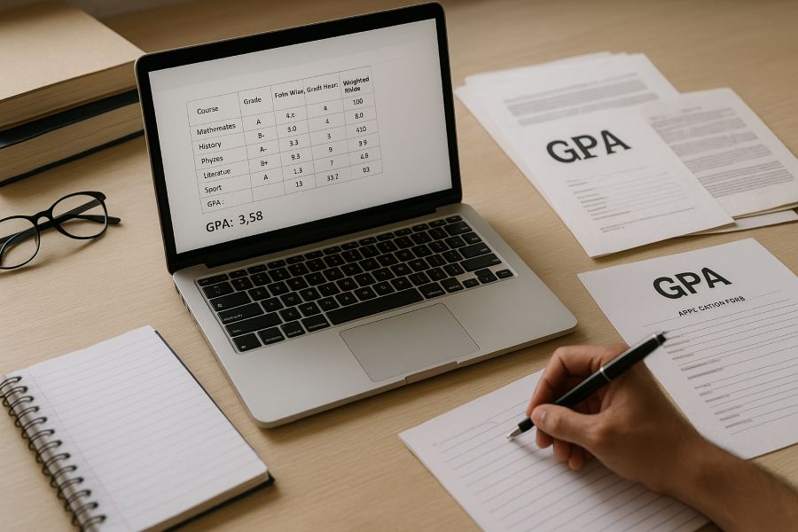 Ein aufgeräumter Schreibtisch mit Laptop, auf dem eine GPA-Tabelle angezeigt wird, daneben Notizbuch, Brille, Stift und mehrere Dokumente zum Thema GPA – eine realistische Lernumgebung für Studierende.